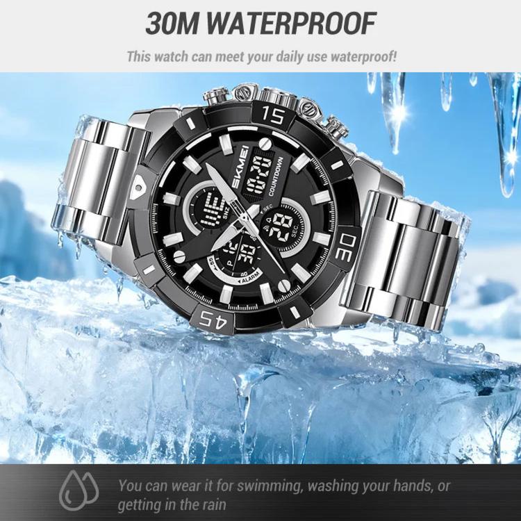 Orologio sportivo da uomo SKMEI 2593 con doppio display, cinturino in acciaio inossidabile, luminescenti e resistenza all'acqua fino a 30 metri.
