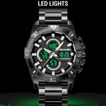 Orologio sportivo da uomo SKMEI 2593 con doppio display, cinturino in acciaio inossidabile, luminescenti e resistenza all'acqua fino a 30 metri.