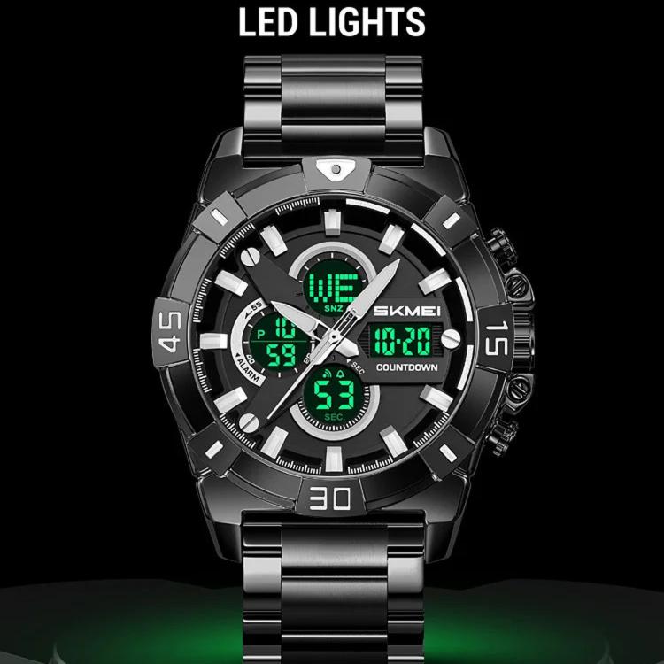 Orologio sportivo da uomo SKMEI 2593 con doppio display, cinturino in acciaio inossidabile, luminescenti e resistenza all'acqua fino a 30 metri.