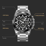 Orologio sportivo da uomo SKMEI 2593 con doppio display, cinturino in acciaio inossidabile, luminescenti e resistenza all'acqua fino a 30 metri.