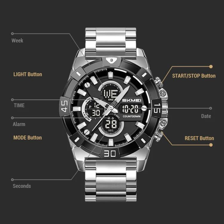 Orologio sportivo da uomo SKMEI 2593 con doppio display, cinturino in acciaio inossidabile, luminescenti e resistenza all'acqua fino a 30 metri.