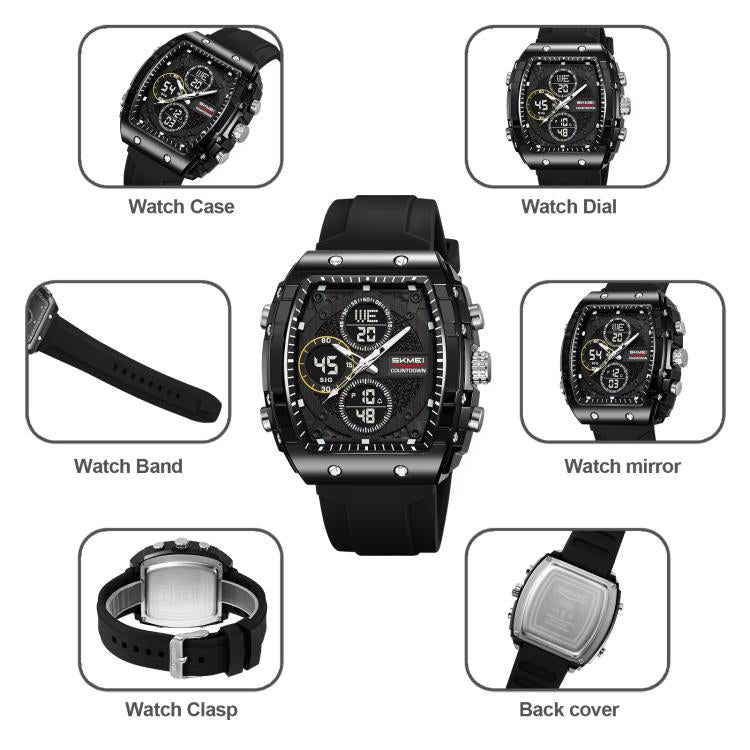 Orologio sportivo multifunzione SKMEI 2602 con doppio display, impermeabile fino a 50 metri, cronografo, display luminoso e design per attività all'aperto.