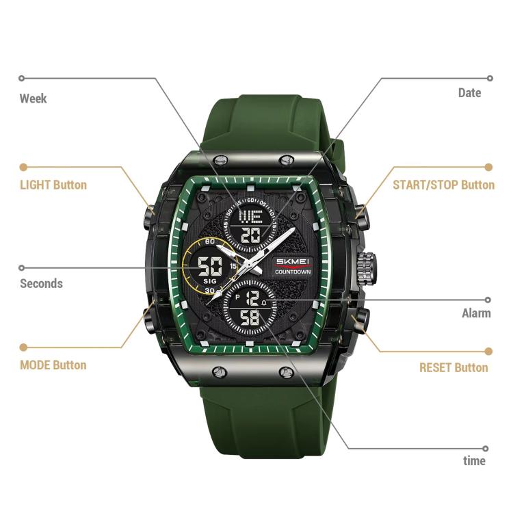 Orologio sportivo multifunzione SKMEI 2602 con doppio display, impermeabile fino a 50 metri, cronografo, display luminoso e design per attività all'aperto.