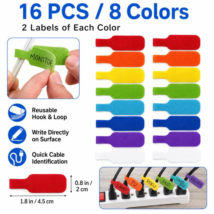 Confezione da 16 etichette per cavi scrivibili, riutilizzabili, con chiusura a strappo, per l'identificazione di cavi elettronici, TV, computer, caricabatterie e cavi di alimentazione., 8 Colors Mixed