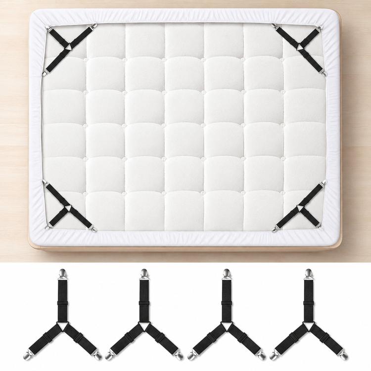 4 pezzi/confezione Fermagli per lenzuola a triangolo triangolare a 3 vie Cinghie elastiche regolabili per materasso con clip in metallo e protezioni in tessuto