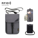 Porta carte con protezione RFID, organizer per biglietti e monete, tracolla per passaporto e documento d'identità.