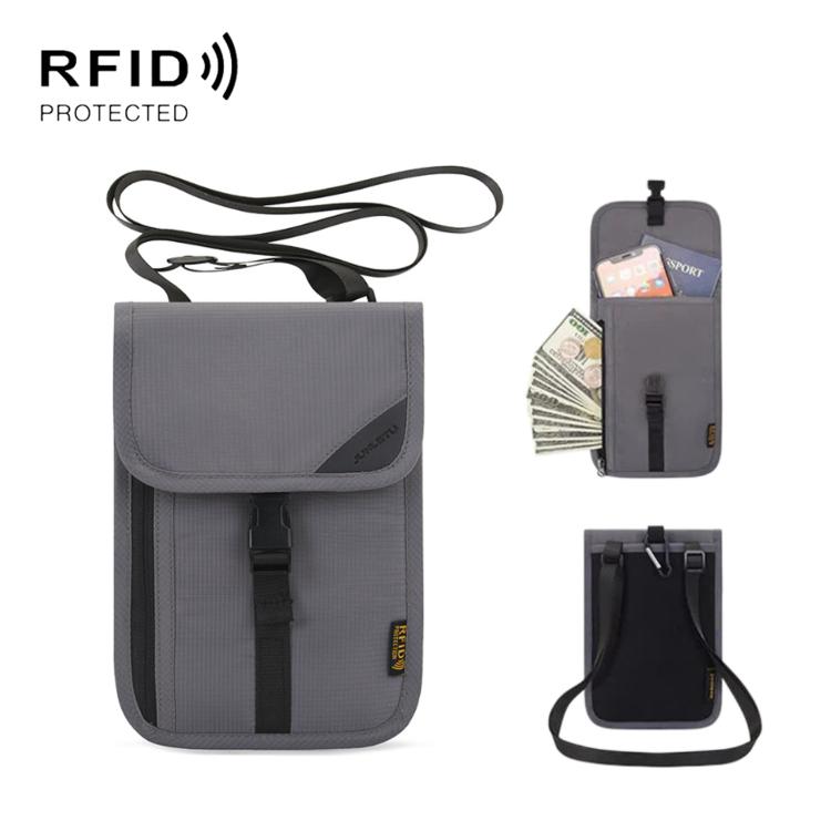Porta carte con protezione RFID, organizer per biglietti e monete, tracolla per passaporto e documento d'identità.