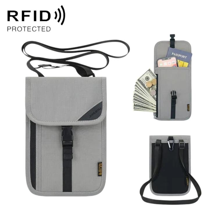 Porta carte con protezione RFID, organizer per biglietti e monete, tracolla per passaporto e documento d'identità.
