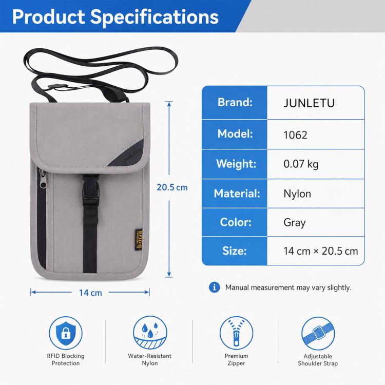 Porta carte con protezione RFID, organizer per biglietti e monete, tracolla per passaporto e documento d'identità.