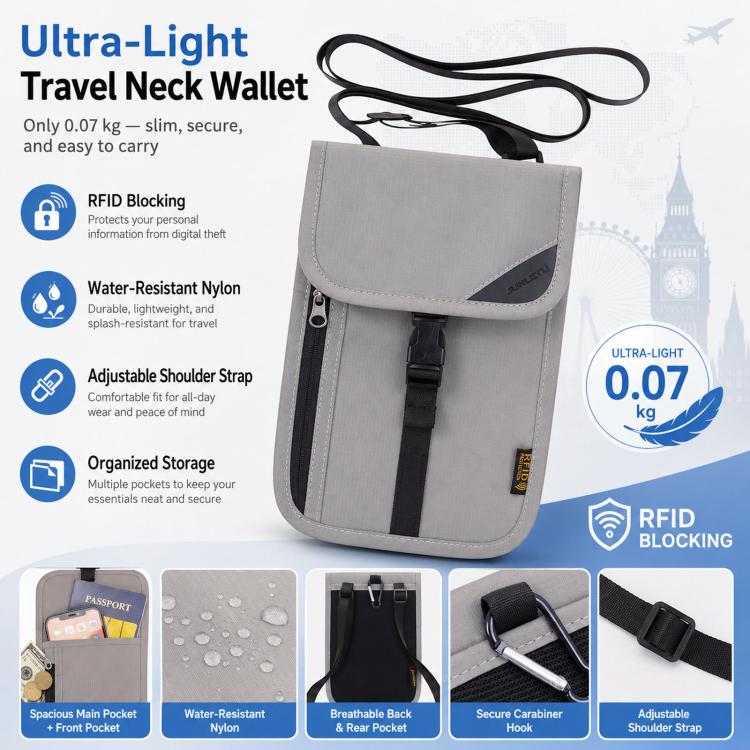 Porta carte con protezione RFID, organizer per biglietti e monete, tracolla per passaporto e documento d'identità.