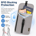 Porta carte con protezione RFID, organizer per biglietti e monete, tracolla per passaporto e documento d'identità.