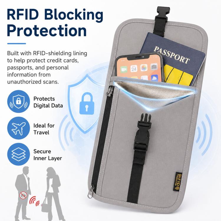 Porta carte con protezione RFID, organizer per biglietti e monete, tracolla per passaporto e documento d'identità.