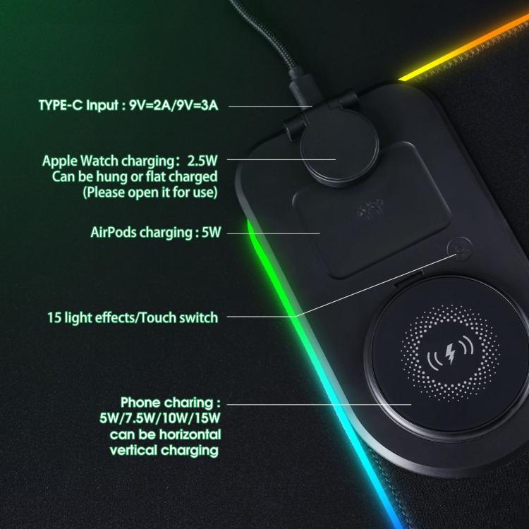 3 In 1 Magnetic Wireless Charging Station RGB Mouse Pad 15W Fast Wireless Charger Desk Mat For Phone, Watch, AirPods