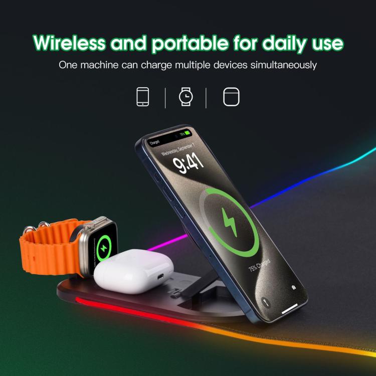 3 In 1 Magnetic Wireless Charging Station RGB Mouse Pad 15W Fast Wireless Charger Desk Mat For Phone, Watch, AirPods