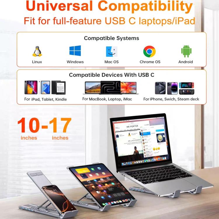 8-In-1 Laptop Stand With USB-C Hub Laptop Riser With Gigabit Ethernet, 4K HDMI, 2 USB 3.0, SD/TF, 100W PD, Foldable Portable Docking Station