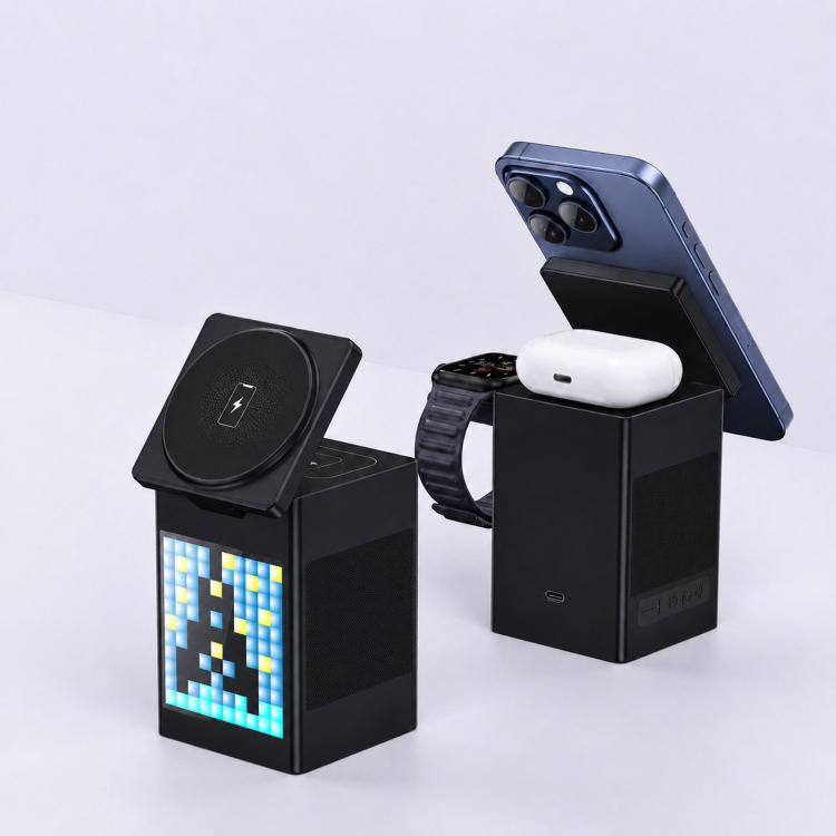 Stazione di ricarica wireless magnetica 6 in 1 con altoparlante Bluetooth Pixel Art, caricabatterie rapido magnetico per telefono, Apple Watch, auricolari.
