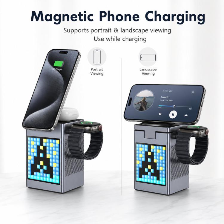 Stazione di ricarica wireless magnetica 6 in 1 con altoparlante Bluetooth Pixel Art, caricabatterie rapido magnetico per telefono, Apple Watch, auricolari.