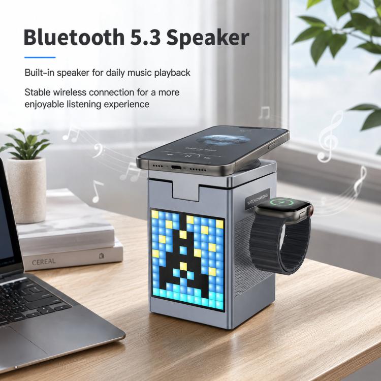 Stazione di ricarica wireless magnetica 6 in 1 con altoparlante Bluetooth Pixel Art, caricabatterie rapido magnetico per telefono, Apple Watch, auricolari.