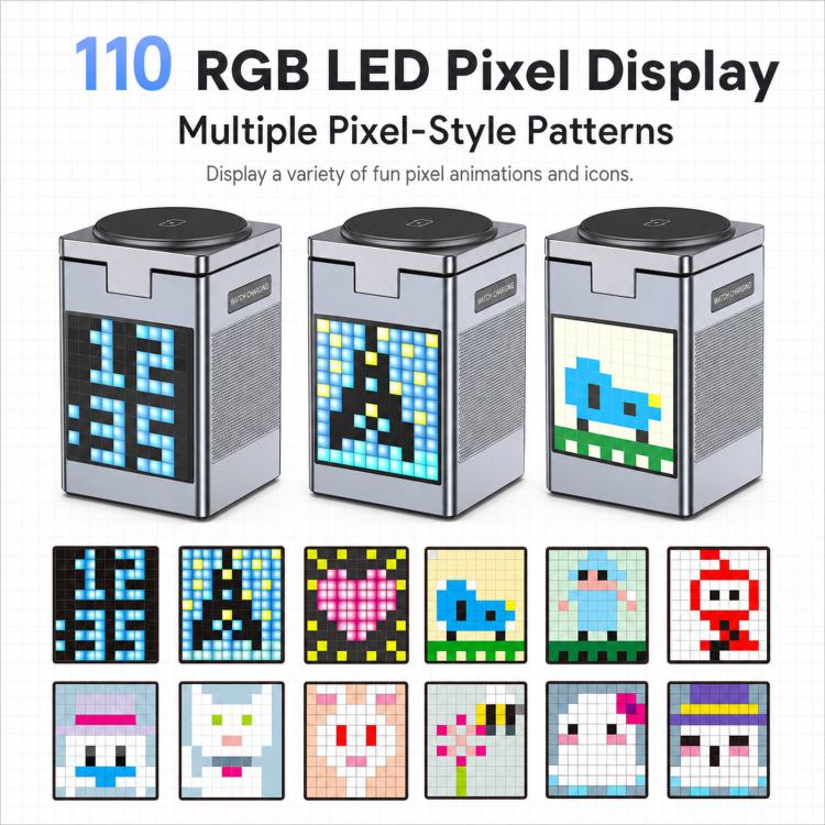 Stazione di ricarica wireless magnetica 6 in 1 con altoparlante Bluetooth Pixel Art, caricabatterie rapido magnetico per telefono, Apple Watch, auricolari.