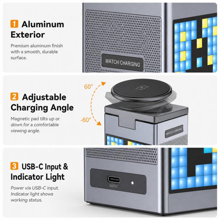 Stazione di ricarica wireless magnetica 6 in 1 con altoparlante Bluetooth Pixel Art, caricabatterie rapido magnetico per telefono, Apple Watch, auricolari.