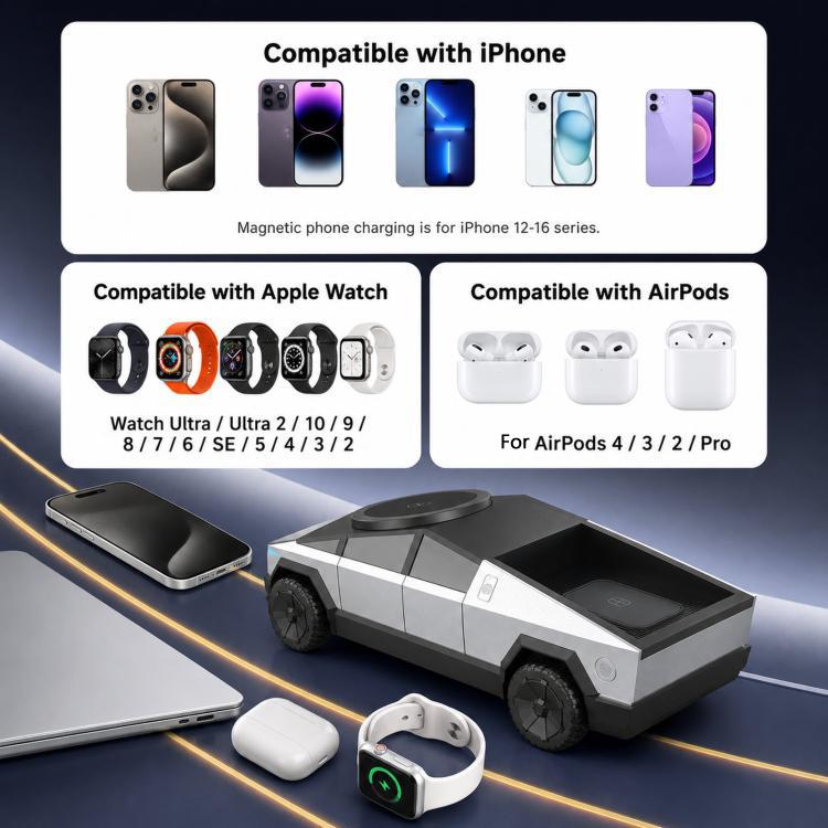 Stazione di ricarica wireless magnetica 3 in 1 a forma di Cybertruck, dock di ricarica rapida e supporto girevole per telefono, Apple Watch e AirPods.