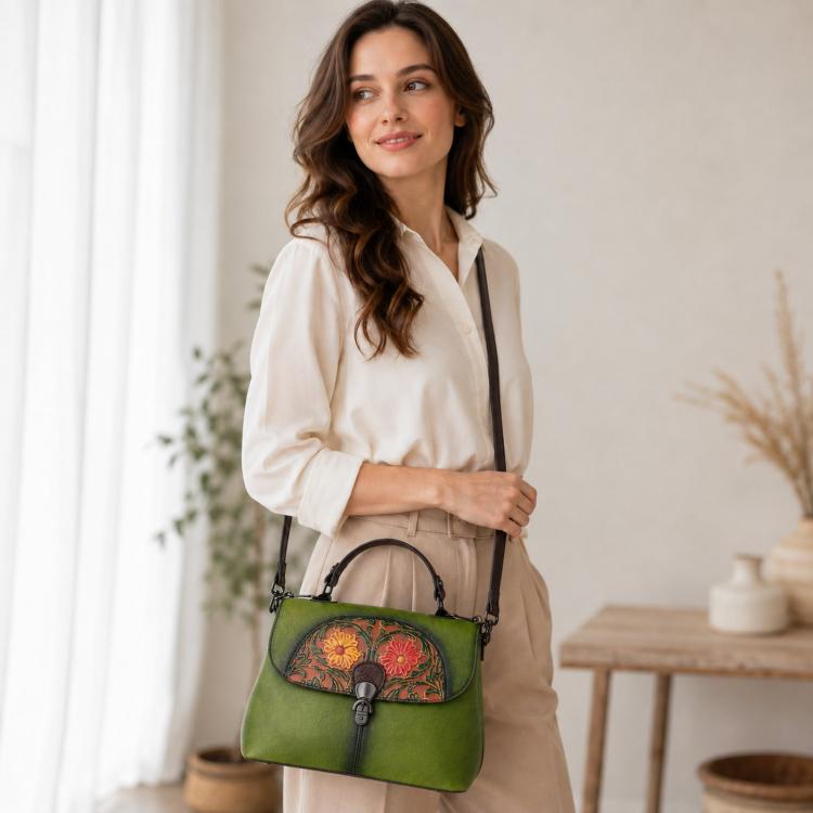 Borsa a mano in pelle bovina pieno fiore con stampa vintage e finitura a mano.