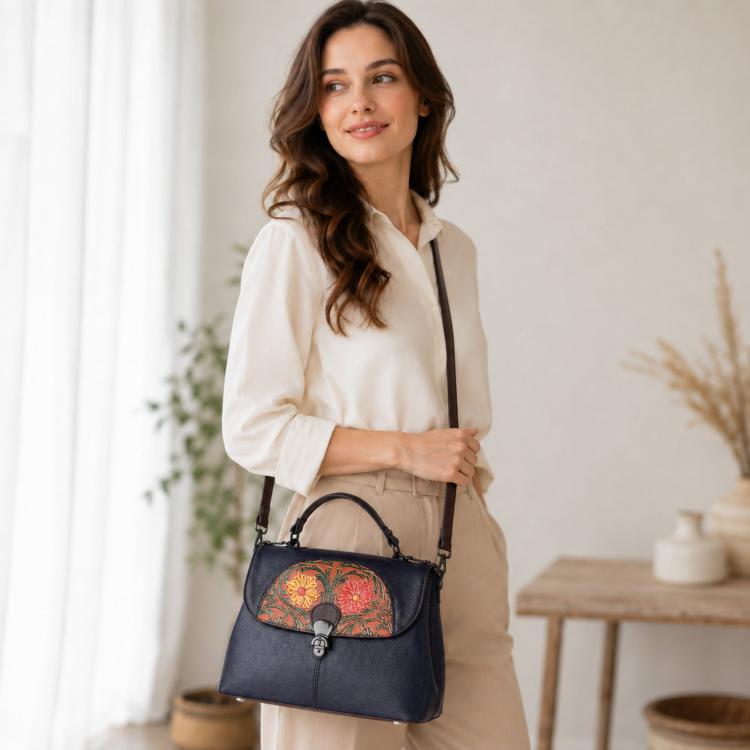 Borsa a mano in pelle bovina pieno fiore con stampa vintage e finitura a mano.