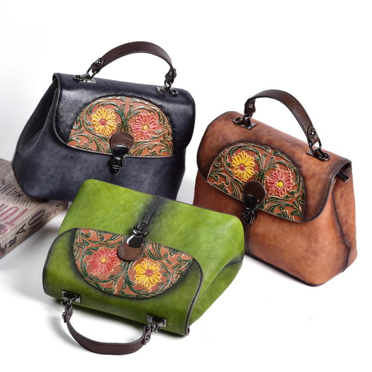 Borsa a mano in pelle bovina pieno fiore con stampa vintage e finitura a mano.