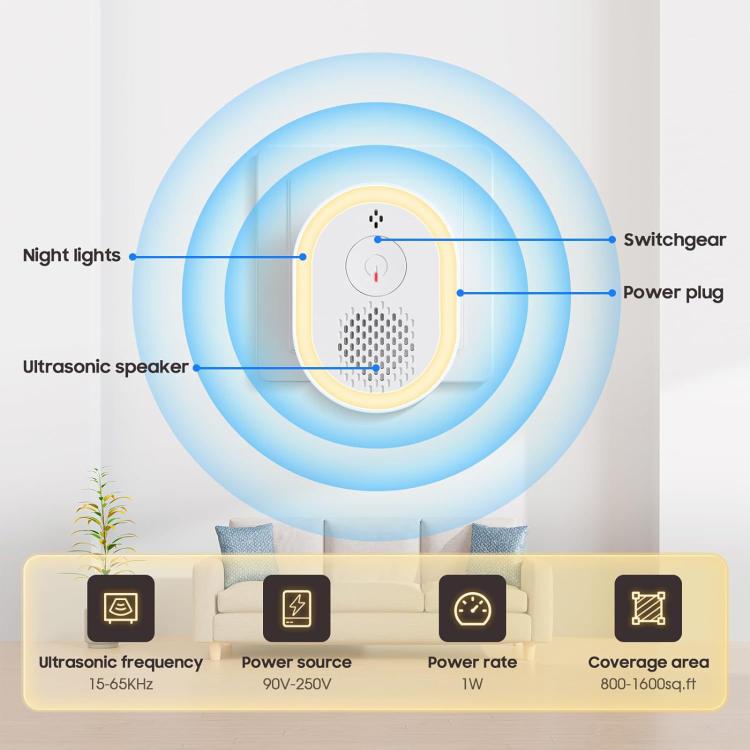 Lampada repellente per zanzare intelligente a ultrasuoni, repellente silenzioso per topi, insetti e scarafaggi., US Plug