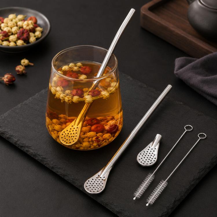 Confezione da 2 cannucce staccabili per yerba mate, riutilizzabili, in acciaio inossidabile 304 per uso alimentare, con filtro per tè sfuso e 2 spazzolini per la pulizia.
