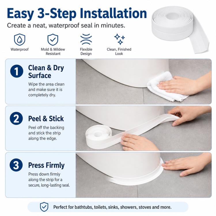 Striscia sigillante autoadesiva da 1,45 pollici x 4,9 piedi, facile da applicare e rimuovere, ideale per vasca da bagno, base del WC, lavello da cucina, doccia, fornello a gas, sigillante angolare flessibile e protettivo.