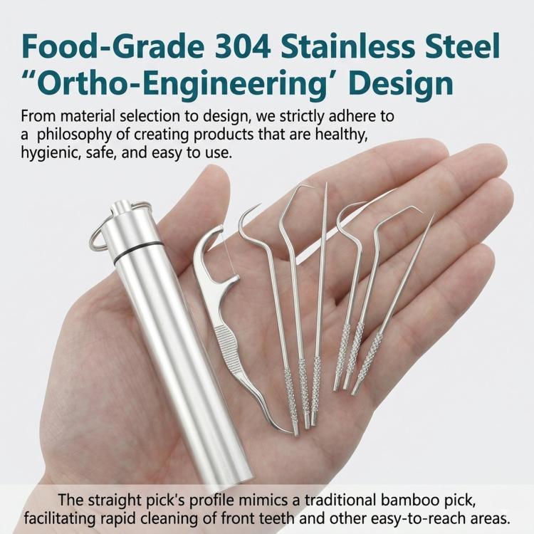 Set di 7 stuzzicadenti in acciaio inossidabile, kit dentale riutilizzabile con custodia in metallo portatile, strumento per la pulizia profonda dei denti per l'igiene orale.