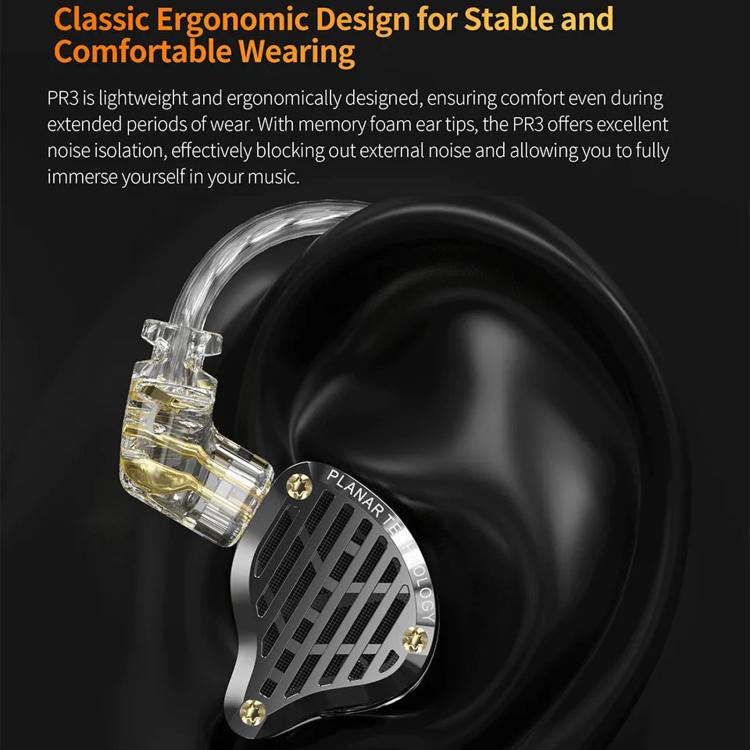 Auricolari in-ear KZ-PR3 con diaframma planare, cavo cablato da 1,2 m, per monitoraggio Hi-Fi, con cavo sostituibile e altoparlante planare., Black Standard, Black With Mic