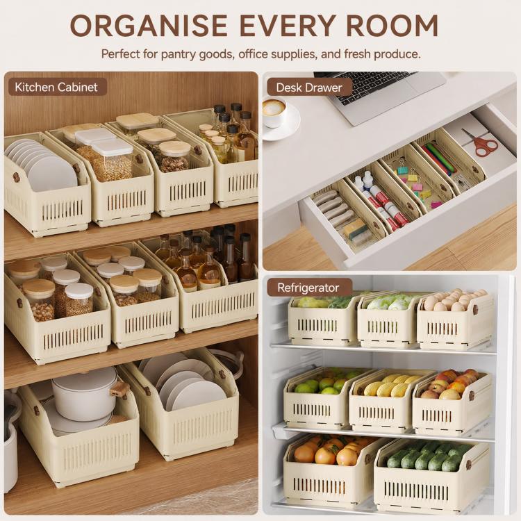 Cestini organizer espandibili in plastica impilabili con chiusura a scorrimento per cassetti., 10.5 x 9 x 28cm, 15 x 12 x 28cm, 20 x 15.5 x 28cm