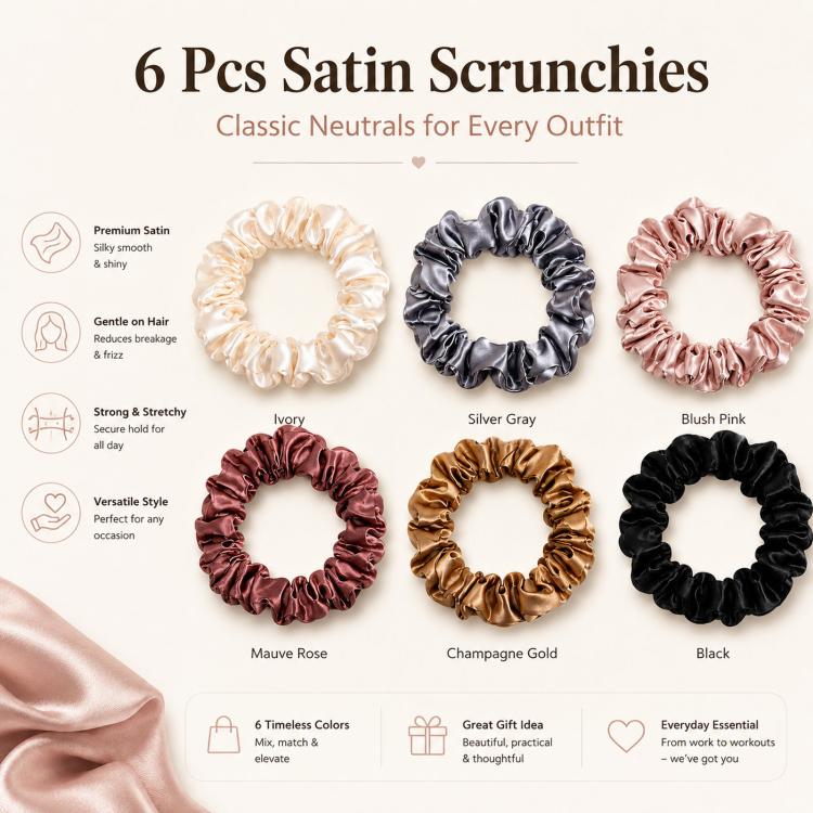 Set di 6 elastici per capelli in raso, minimalisti e morbidi, ideali per donne e ragazze. Accessori per capelli delicati, simili alla seta, che non danneggiano i capelli.