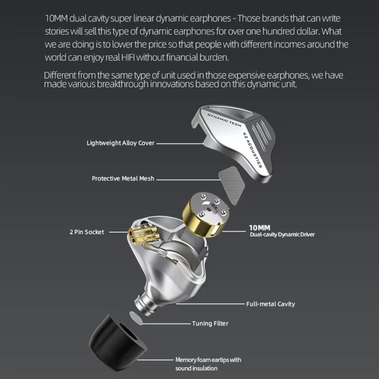 Auricolari dinamici in-ear KZ-ZVX con cavo da 1,2 m, bassi profondi e audio Hi-Fi per monitoraggio., Silver Standard, Silver With Mic, Black Standard, Black With Mic