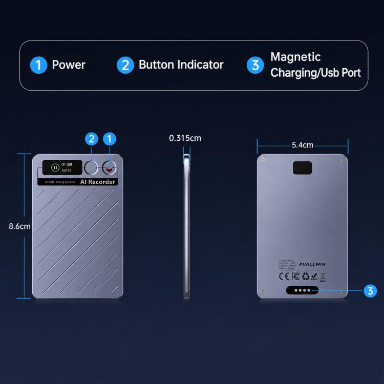 FW920E Registratore vocale intelligente magnetico portatile con intelligenza artificiale, registratore audio a forma di scheda per traduzione e trascrizione., 64GB