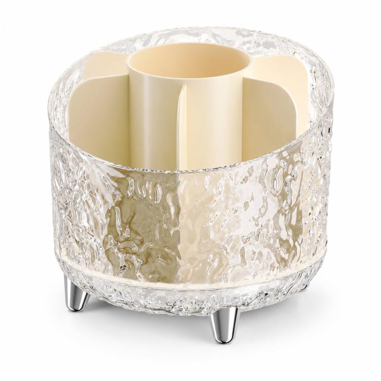 Organizzatore per trucchi girevole a 360 gradi con 7 scomparti, texture glaciale, contenitore per cosmetici rotante, organizer da toeletta trasparente, porta pennelli