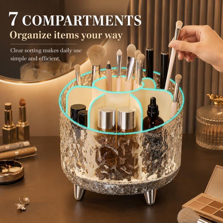 Organizzatore per trucchi girevole a 360 gradi con 7 scomparti, texture glaciale, contenitore per cosmetici rotante, organizer da toeletta trasparente, porta pennelli
