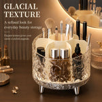 Organizzatore per trucchi girevole a 360 gradi con 7 scomparti, texture glaciale, contenitore per cosmetici rotante, organizer da toeletta trasparente, porta pennelli