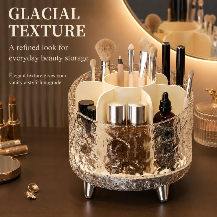 Organizzatore per trucchi girevole a 360 gradi con 7 scomparti, texture glaciale, contenitore per cosmetici rotante, organizer da toeletta trasparente, porta pennelli