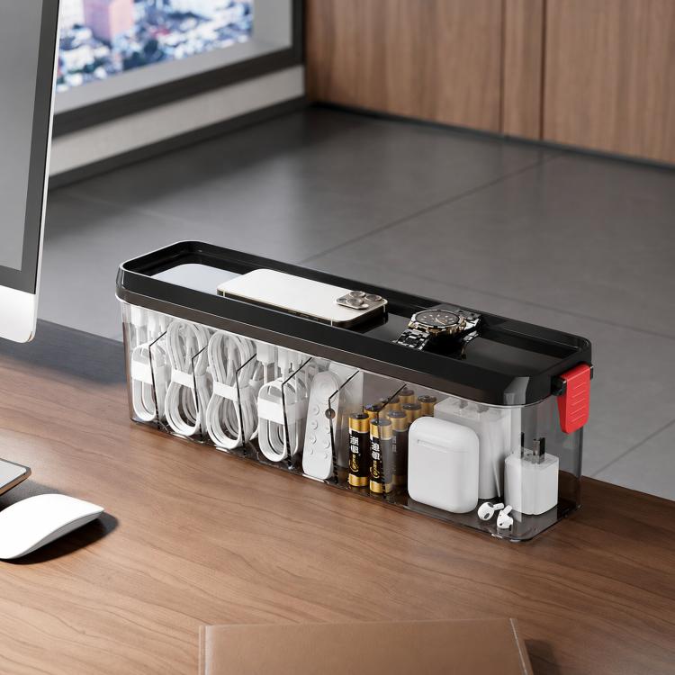 Scatola organizer impilabile per cavi con coperchio, sottile contenitore in plastica con scomparti multipli per cavi da scrivania, organizer trasparente per cassetti di cosmetici e accessori da bagno.
