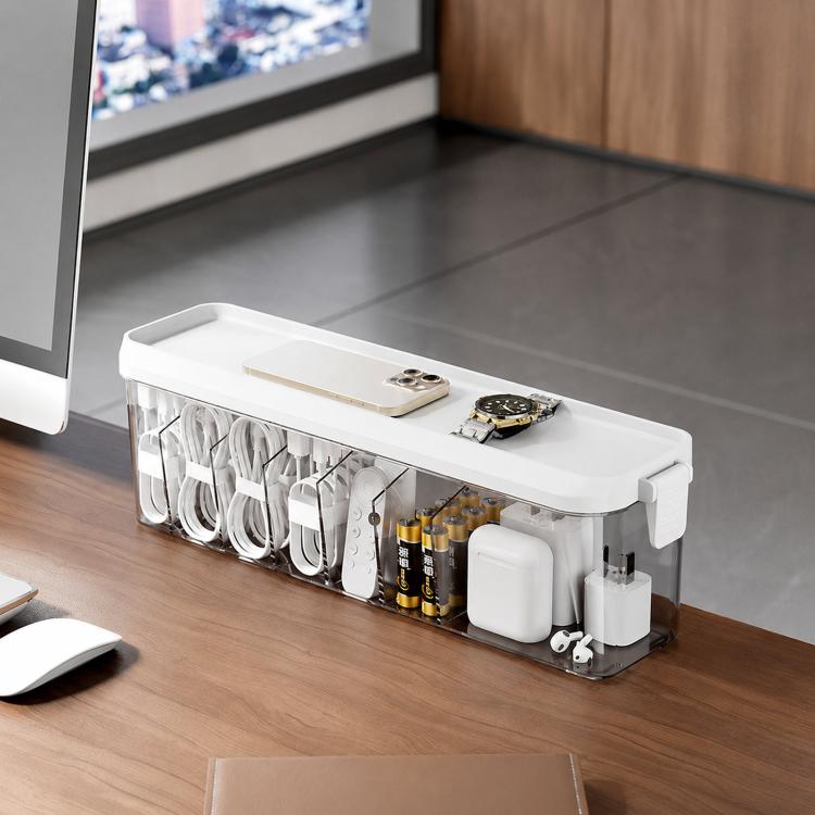 Scatola organizer impilabile per cavi con coperchio, sottile contenitore in plastica con scomparti multipli per cavi da scrivania, organizer trasparente per cassetti di cosmetici e accessori da bagno.