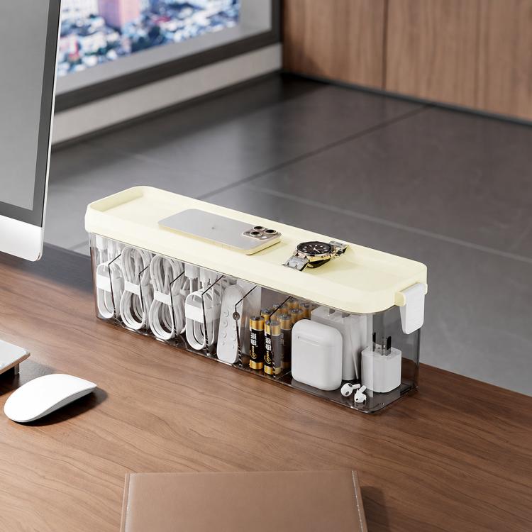 Scatola organizer impilabile per cavi con coperchio, sottile contenitore in plastica con scomparti multipli per cavi da scrivania, organizer trasparente per cassetti di cosmetici e accessori da bagno.