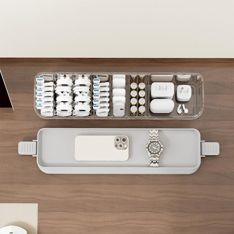 Scatola organizer impilabile per cavi con coperchio, sottile contenitore in plastica con scomparti multipli per cavi da scrivania, organizer trasparente per cassetti di cosmetici e accessori da bagno.