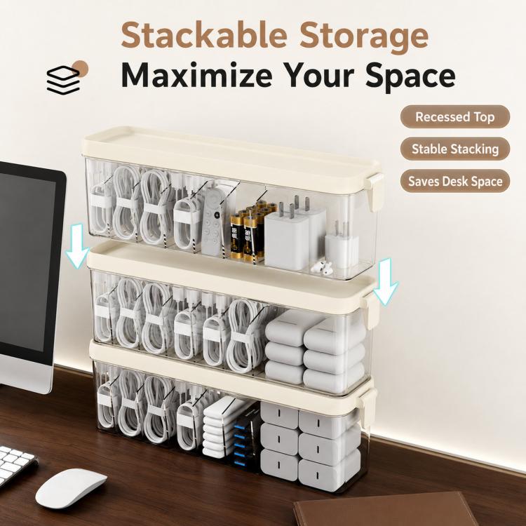 Scatola organizer impilabile per cavi con coperchio, sottile contenitore in plastica con scomparti multipli per cavi da scrivania, organizer trasparente per cassetti di cosmetici e accessori da bagno.