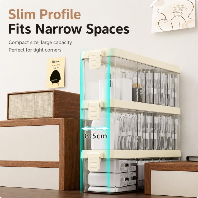 Scatola organizer impilabile per cavi con coperchio, sottile contenitore in plastica con scomparti multipli per cavi da scrivania, organizer trasparente per cassetti di cosmetici e accessori da bagno.