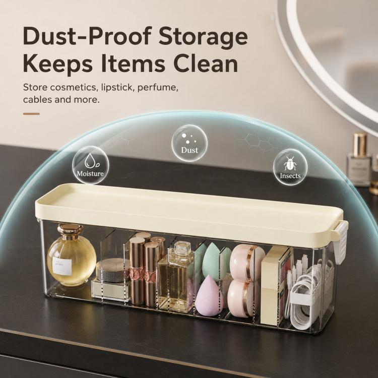 Scatola organizer impilabile per cavi con coperchio, sottile contenitore in plastica con scomparti multipli per cavi da scrivania, organizer trasparente per cassetti di cosmetici e accessori da bagno.