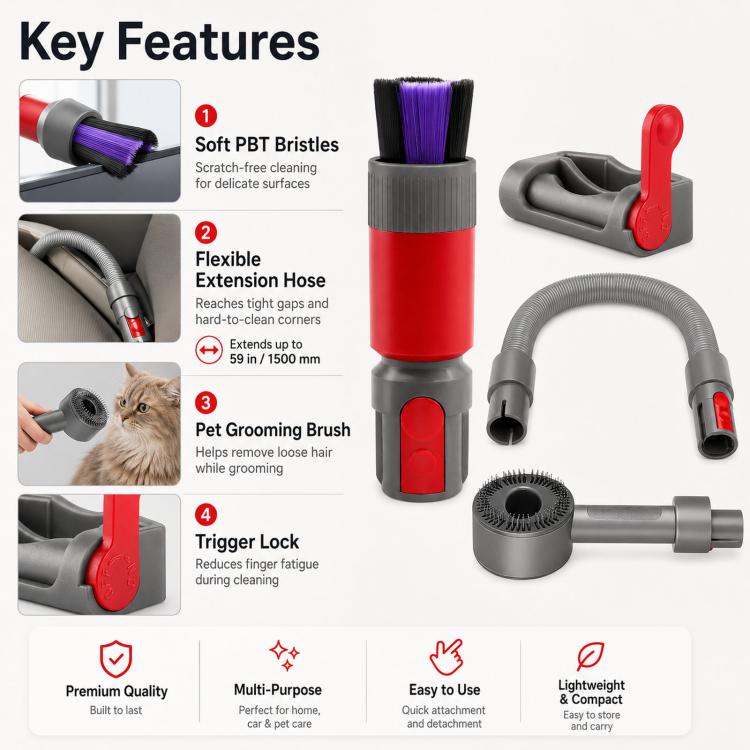 Kit di accessori spazzola antigraffio per aspirapolvere Dyson V7 V8 V10 V11 V15, 3-in 1 Red, 3-in-1 Gray, 4-in-1 Red, 4-in-1 Gray