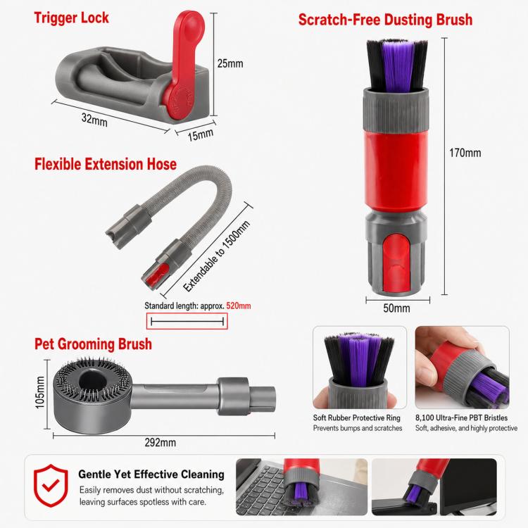 Kit di accessori spazzola antigraffio per aspirapolvere Dyson V7 V8 V10 V11 V15, 3-in 1 Red, 3-in-1 Gray, 4-in-1 Red, 4-in-1 Gray